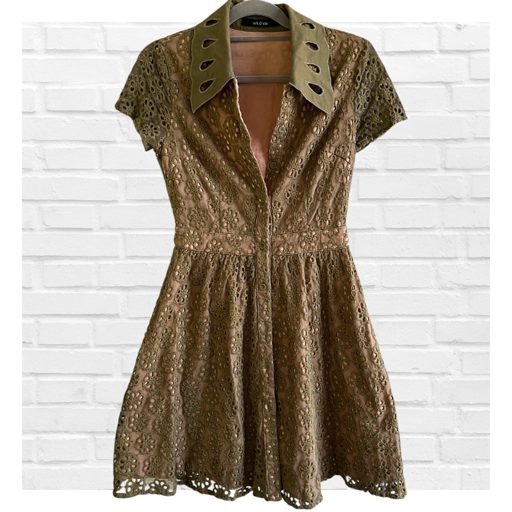 Anthropologie Ark and Co Olive Green Peplum Ruffled Lace Cottagecore Shirt Dress